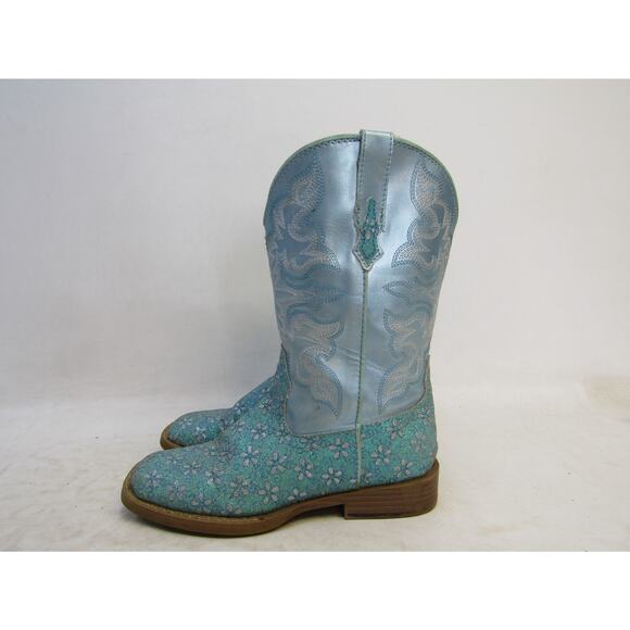 Roper Brand Youth Sz 2 Metallic Turquoise Floral Glitter Cowboy Boot - Picture 1 of 11